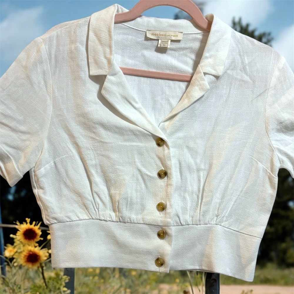 Monteau Los Angeles Cream Linen Blend Button-Up Crop Top Large Ruched - Picture 3 of 9